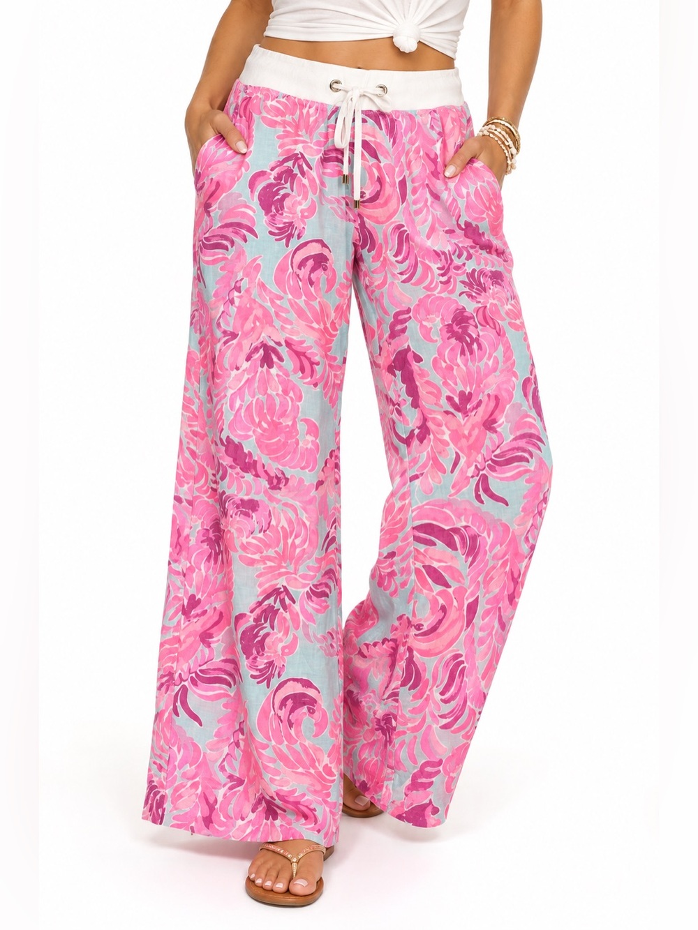 Lilly Pulitzer Brawley Linen Pant Floral Wide Leg Pants Pink & Cream - Small
